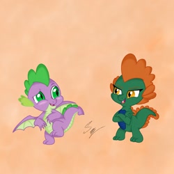 Size: 1280x1280 | Tagged: safe, artist:bestisbell, imported from derpibooru, spike, oc, oc:emziko, dragon, canon x oc, dragon oc, dragoness, duo, duo male and female, eyes open, fangs, female, female oc, male, non-pony oc, open mouth, shipping, signature, simple background, spiko, standing, standing on one leg, straight, winged spike, wings