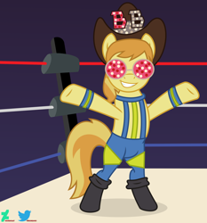 Size: 2500x2684 | Tagged: safe, artist:kuren247, imported from derpibooru, braeburn, earth pony, pony, arms wide open, bipedal, clothes, cowboy hat, crossover, glasses, hat, jeff jarrett, male, show accurate, smiling, solo, sports, stallion, tights, wrestling, wrestling ring, wwe