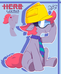 Size: 1280x1551 | Tagged: safe, artist:dariosparks, imported from derpibooru, oc, oc only, oc:herb mattecount, earth pony, pony, cutie mark, full body, glasses, goggles, helmet, necktie, pink hair, pink mane, pink tail, reference sheet, sitting, solo, tail