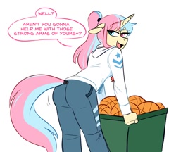 Size: 956x826 | Tagged: safe, artist:redxbacon, imported from derpibooru, oc, oc:candy floss (redxbacon), anthro, unicorn, ass, basket, butt, clothes, femboy, heterochromia, hoodie, horn, male, open mouth, ponytail, solo, tail, tail wrap, unicorn oc