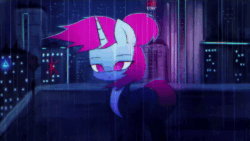 Size: 1920x1080 | Tagged: safe, artist:menalia, imported from derpibooru, oc, oc only, oc:niroh fatal, pony, robot, robot pony, unicorn, animated, building, city, cityscape, clothes, cyberpunk, emotionless, female, horn, jacket, leather, leather jacket, lights, looking at you, mare, neon, night, outdoors, pants, rain, rooftop, shirt, skyscraper, solo, sound, standing, t-shirt, tail, three quarter view, webm, wind, windswept mane, windswept tail