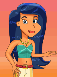 Size: 754x1010 | Tagged: safe, artist:ocean lover, imported from derpibooru, desert sage, human, equestria girls, equestria girls series, bare midriff, bare shoulders, belly, belly button, belt, black hair, clothes, disney style, eyeliner, female, human coloration, jewelry, lips, long hair, looking at you, makeup, necklace, orange background, pants, simple background, sleeveless, smiling, smiling at you, solo, tan skin, tube top