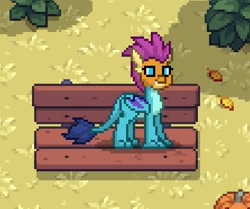 Size: 446x372 | Tagged: safe, artist:ponytownthings, imported from derpibooru, princess ember, smolder, dragon, pony town, bench, bush, female, grass, head swap, pumpkin, quadrupedal, shadow, solo