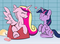 Size: 1737x1281 | Tagged: safe, artist:drasill, imported from derpibooru, princess cadance, twilight sparkle, alicorn, pony, unicorn, baby wipes, bathroom, cute, diaper, diaper fetish, duo, duo female, eyes closed, female, fetish, floating heart, heart, potty training, sisters-in-law, smiling, training potty, unicorn twilight, wet diaper