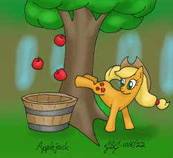 Size: 1161x1059 | Tagged: safe, artist:jobeevrai, imported from derpibooru, applejack, earth pony, pony, apple, apple tree, applebucking, applejack mid tree-buck facing the right with 3 apples falling down, applejack mid tree-buck with 3 apples falling down, falling, female, food, mare, outdoors, smiling, tree