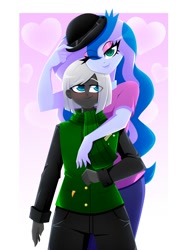 Size: 1500x2000 | Tagged: safe, artist:xan-gelx, imported from derpibooru, princess luna, oc, oc:night quill, human, equestria girls, age difference, blushing, bowler hat, canon x oc, clothes, cougar, couple, cute, duo, eyelashes, eyeshadow, female, hat, height difference, hug, hug from behind, humanized, larger female, lips, looking at you, luill, makeup, male, male and female, one eye closed, size difference, vice principal luna, wink