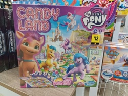 Size: 4000x3000 | Tagged: safe, imported from derpibooru, hitch trailblazer, izzy moonbow, pipp petals, sunny starscout, zipp storm, earth pony, pegasus, pony, unicorn, badge, bag, board game, candy land, chase (paw patrol), crossover, dollar general, female, g5, game, hasbro, hasbro logo, high res, irl, lighthouse, logo, male, mane five (g5), mare, maretime bay, marinette dupain-cheng, merchandise, miraculous ladybug, monopoly, my little pony logo, nickelodeon, official, paw patrol, photo, phyllis cloverleaf, satchel, simple background