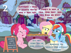 Size: 1440x1080 | Tagged: safe, artist:bronybyexception, imported from derpibooru, fluttershy, pinkie pie, rainbow dash, advent calendar, christmas, cupcake, food, hat, holiday, mince pies, pie, ponyville, sandwich board, santa hat, snow