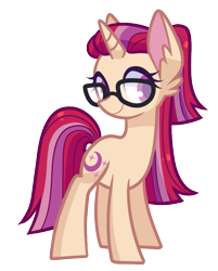 Size: 637x793 | Tagged: safe, artist:looji, imported from twibooru, moondancer, pony, unicorn, alternate hairstyle, cutie mark, ear fluff, female, glasses, horn, image, looking to the right, mare, multicolored mane, multicolored tail, png, ponytail, purple eyes, side view, sideways glance, simple background, smiling, solo, tan coat, transparent background