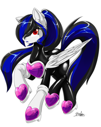 Size: 1264x1600 | Tagged: safe, artist:sexybloody, imported from twibooru, oc, oc only, oc:labys, pegasus, pony, black eyeshadow, blue lipstick, boots, clothes, cosplay, costume, eyeshadow, female, folded wings, frown, hair over one eye, hair tie, hoof shoes, image, latex, latex suit, lipstick, looking at you, makeup, mare, png, ponytail, raised hoof, red eyes, rouge the bat, shoes, signature, simple background, solo, sonic the hedgehog (series), transparent background, two toned mane, two toned tail, white coat, wing fluff, wings