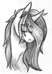 Size: 1260x1774 | Tagged: safe, artist:eggoatt, imported from twibooru, oc, oc only, unnamed oc, pony, unicorn, bust, eyebrows visible through hair, eyes closed, female, image, inktober, mare, monochrome, png, smiling