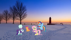 Size: 2048x1152 | Tagged: safe, artist:cloudyglow, artist:jhayarr23, imported from derpibooru, fluttershy, rainbow dash, rarity, scootaloo, pegasus, pony, unicorn, boots, clothes, earmuffs, female, filly, foal, hat, irl, lighthouse, mare, milwaukee, mittens, photo, ponies in real life, scarf, shoes, snow, story included, sunglasses, sweater, ushanka, winter, wisconsin