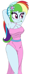 Size: 800x1920 | Tagged: safe, alternate version, artist:roseluck, derpibooru exclusive, imported from derpibooru, rainbow dash, human, equestria girls, alternate hairstyle, arm behind head, bare shoulders, big breasts, breasts, bridesmaid, bridesmaid dress, busty rainbow dash, cleavage, clothes, colored sketch, curvy, dress, eyeshadow, female, headband, hourglass figure, makeup, pencil drawing, pink dress, sash, side slit, simple background, sleeveless, sleeveless dress, smiling, solo, three quarter view, traditional art, walking, white background, wide hips