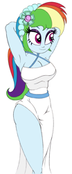 Size: 800x1920 | Tagged: safe, alternate version, artist:roseluck, derpibooru exclusive, imported from derpibooru, rainbow dash, human, equestria girls, alternate hairstyle, arm behind head, bare shoulders, big breasts, breasts, bridesmaid, bridesmaid dress, busty rainbow dash, cleavage, clothes, colored sketch, curvy, dress, eyeshadow, female, headband, hourglass figure, makeup, pencil drawing, sash, side slit, simple background, sleeveless, sleeveless dress, smiling, solo, three quarter view, traditional art, walking, white background, white dress, wide hips