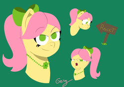 Size: 7016x4961 | Tagged: safe, artist:realgero, imported from derpibooru, earth pony, pony, absurd resolution, arin hanson face, bow, bust, faic, female, g5, green background, hair bow, jewelry, lidded eyes, looking at something, looking at you, mare, necklace, no pupils, ponytail, posey bloom, sign, simple background, smiling, smug, solo, three quarter view