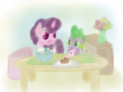 Size: 1024x768 | Tagged: safe, artist:andromedasparkz, imported from derpibooru, spike, sugar belle, dragon, pony, unicorn, apron, bonding, bowl, cake, clothes, cute, female, flower, food, looking at each other, looking at someone, male, mare, mixing bowl, spikabetes, sugarbetes, table, vase