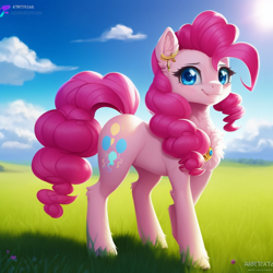 Size: 1024x1024 | Tagged: safe, imported from derpibooru, pinkie pie, earth pony, pony, ai content, ai generated, chest fluff, cute, ear fluff, female, generator:purplesmart.ai, generator:stable diffusion, grass, grass field, jewelry, looking at you, smiling, smiling at you, solo, standing