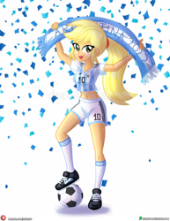 Size: 3090x4000 | Tagged: safe, artist:dieart77, imported from derpibooru, applejack, human, equestria girls, argentina, banner, clothes, confetti, female, fifa, football, freckles, high res, looking at you, open mouth, shoes, shorts, sign, simple background, solo, sports, uniform, white background, world cup 2022