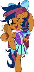 Size: 2402x5000 | Tagged: safe, artist:jhayarr23, imported from derpibooru, oc, oc only, oc:solar comet, pegasus, pony, bipedal, bow, clothes, disguised changedling, dress, freckles, hair bow, leg, one eye closed, simple background, solo, standing, standing on one leg, tail, tail bow, transparent background, wink