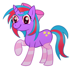 Size: 2087x2000 | Tagged: safe, artist:sweetielover, imported from derpibooru, oc, oc only, oc:cosmic spark, pony, unicorn, derpibooru community collaboration, 2023 community collab, bow, clothes, female, hair bow, high res, horn, simple background, smiling, socks, solo, standing, striped socks, transparent background, unicorn oc