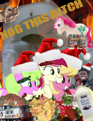 Size: 3000x3900 | Tagged: safe, imported from derpibooru, daisy, flower wishes, lily, lily valley, roseluck, earth pony, fish, pony, 1000 years in photoshop, barney the dinosaur, bathtub, belopa, christmas, clothes, comboose, eggnog, fire, flower trio, food, hat, holiday, holly, lego, pants, santa hat, scout, text, the grinch, tinsel, train