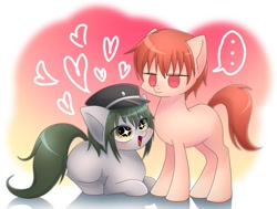 Size: 1451x1099 | Tagged: safe, artist:namaenonaipony, imported from derpibooru, earth pony, pony, ..., abstract background, angel beats, ayato naoi, duo, hat, heart, no pupils, open mouth, ponified, simple background, speech bubble, white background, yuzuru otonashi