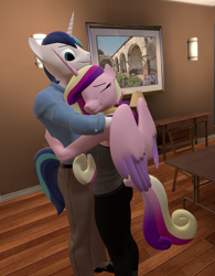 Size: 1684x2159 | Tagged: safe, artist:korizen, imported from derpibooru, princess cadance, shining armor, alicorn, anthro, unicorn, 3d, chair, eyes closed, female, happy, hug, husband and wife, male, married couple, smiling, source filmmaker, table, wholesome