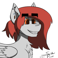 Size: 1000x1000 | Tagged: safe, artist:solder point, imported from derpibooru, oc, oc only, oc:scarlett lane, pegasus, pony, cel shading, cheek fluff, chest fluff, ear fluff, ear piercing, earring, eyebrows, eyebrows visible through hair, grey fur, happy, industrial piercing, jewelry, male, pegasus oc, piercing, red mane, shading, signature, simple background, smiling, solo, stallion, thick eyebrows, transparent background