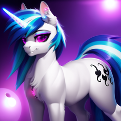 Size: 1024x1024 | Tagged: safe, imported from derpibooru, dj pon-3, vinyl scratch, pony, unicorn, ai content, ai generated, chest fluff, cute, female, fluffy mane, generator:purplesmart.ai, generator:stable diffusion, glowing, glowing horn, glowstick, horn, jewelry, looking at you, necklace, rave, smiling, solo, standing, wrong cutie mark