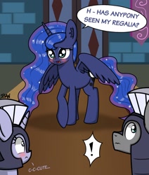 Size: 1628x1919 | Tagged: safe, artist:banquo0, imported from derpibooru, princess luna, silver sable, alicorn, pony, unicorn, armor, blushing, cute, dialogue, embarrassed, female, folded wings, guardsmare, lunabetes, male, mare, missing accessory, royal guard, royal guard armor, stallion, unicorn royal guard, we don't normally wear clothes, wings