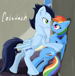 Size: 2353x2386 | Tagged: safe, artist:celedash, imported from derpibooru, rainbow dash, soarin', pegasus, pony, backwards cutie mark, blushing, butt, female, looking at each other, looking at someone, male, mare, plot, romance, shipping, soarindash, stallion, straight, sunny day, wall