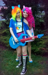 Size: 400x625 | Tagged: safe, artist:daseh, artist:pinkiekler, imported from derpibooru, pinkie pie, rainbow dash, human, equestria girls, clothes, cosplay, costume, electric guitar, guitar, irl, irl human, multicolored hair, musical instrument, photo, rainbow hair