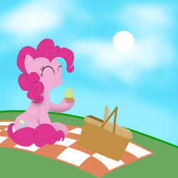 Size: 1280x1280 | Tagged: safe, imported from derpibooru, pinkie pie, earth pony, pony, basket, cloud, cupcake, cute, diapinkes, food, grass, grass field, hill, holding, hoof hold, picnic, picnic basket, picnic blanket, sky, solo, sun, sweet dreams fuel