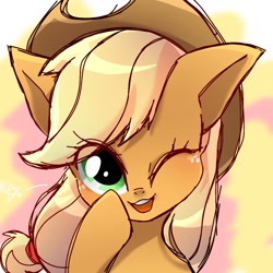 Size: 1280x1280 | Tagged: safe, artist:namaenonaipony, imported from derpibooru, applejack, earth pony, pony, abstract background, applejack's hat, bust, cowboy hat, cute, eye clipping through hair, female, freckles, hat, jackabetes, looking at you, mare, one eye closed, open mouth, smiling, solo, wink, winking at you