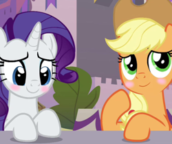 Size: 1198x1000 | Tagged: safe, edit, edited screencap, imported from derpibooru, screencap, applejack, rarity, earth pony, pony, unicorn, memories and more, the last problem, spoiler:memories and more, applejack's hat, blushing, cowboy hat, duo, hat, looking at something, looking up, smiling, table