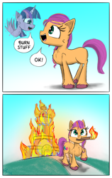 Size: 1850x2923 | Tagged: safe, artist:chopsticks, imported from derpibooru, sunny starscout, twilight sparkle, alicorn, earth pony, pony, spoiler:my little pony: make your mark chapter 2, spoiler:myms01e02, 2 panel comic, arson, cheek fluff, chest fluff, comic, crystal brighthouse, dialogue, female, fire, g5, generation leap, grimcute, growing pains, hologram, i'm with you, mare, my little pony: make your mark, my little pony: make your mark chapter 2, not again, pyromaniac, schizophrenia, text, this will end in fire, this will not end well, torch, trotting, twilight sparkle (alicorn), unshorn fetlocks