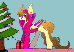 Size: 3508x2480 | Tagged: safe, artist:hrabiadeblacksky, imported from derpibooru, oc, oc only, oc:orange heart, bat pony, cat, pony, bow, box, christmas, christmas tree, clothes, commission, commission open, holiday, hoodie, jacket, present, solo, tree, unshorn fetlocks