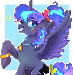 Size: 2100x2160 | Tagged: safe, artist:hosikawa, imported from derpibooru, princess luna, alicorn, pony, between dark and dawn, 80s princess luna, abstract background, female, horn, jewelry, looking at you, mare, necklace, one eye closed, raised hoof, simple background, sitting, solo, spread wings, stars, white background, wings, wink, winking at you