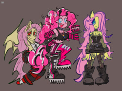Size: 2048x1536 | Tagged: safe, artist:pekodayz, imported from derpibooru, fluttershy, pinkie pie, anthro, bat pony, bat ponified, clothes, emo, female, fishnets, flutterbat, goth, race swap, red eyes, simple background, smiling, trio