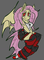 Size: 1062x1461 | Tagged: safe, artist:pekodayz, imported from derpibooru, fluttershy, anthro, bat pony, bat ponified, female, flutterbat, race swap, red eyes, simple background, smiling, solo