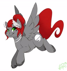 Size: 3835x4096 | Tagged: safe, artist:veepaws, imported from derpibooru, oc, oc only, oc:void, pegasus, pony, female, flying, hair bun, laurel, mare, nose piercing, nose ring, pegasus oc, piercing, signature, simple background, smiling, solo, spread wings, white background, wings