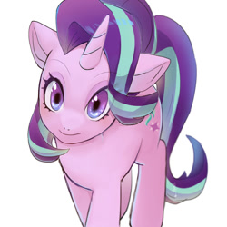 Size: 2000x2000 | Tagged: safe, artist:hosikawa, imported from derpibooru, starlight glimmer, pony, unicorn, eye clipping through hair, eyebrows, eyebrows visible through hair, female, high res, horn, looking at you, mare, purple eyes, simple background, smiling, smiling at you, solo, white background, wrong eye color
