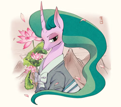 Size: 2536x2228 | Tagged: safe, artist:hosikawa, imported from derpibooru, mistmane, pony, unicorn, abstract background, bust, clothes, female, flower, horn, japanese, lotus (flower), mare, mountain, solo, young mistmane