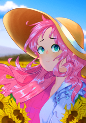 Size: 1867x2667 | Tagged: safe, imported from derpibooru, fluttershy, human, equestria girls, flower, hat, humanized, scenery