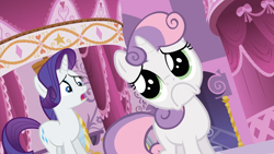 Size: 1920x1080 | Tagged: safe, imported from derpibooru, screencap, rarity, sweetie belle, pony, unicorn, season 3, sleepless in ponyville, 1080p, cute, daaaaaaaaaaaw, diasweetes, dilated pupils, duo, duo female, female, filly, foal, frown, mare, open mouth, puppy dog eyes, sad face, sad spongebob, sweetie frown