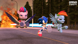 Size: 3413x1920 | Tagged: safe, artist:gradiusfanatic, imported from derpibooru, rainbow dash, zipp storm, hedgehog, pegasus, pony, 3d, crossover, flying, g5, sonic the hedgehog, sonic the hedgehog (series), source filmmaker, speed trail, trio