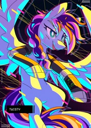 Size: 2480x3508 | Tagged: safe, artist:wavecipher, imported from derpibooru, oc, oc only, pegasus, pony, cyberpunk, open mouth, open smile, pegasus oc, smiling, solo, spread wings, synthwave, wings