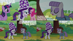 Size: 4400x2475 | Tagged: safe, edit, edited screencap, editor:quoterific, imported from derpibooru, screencap, maud pie, pinkie pie, rarity, twilight sparkle, alicorn, earth pony, pony, unicorn, maud pie (episode), grass, grass field, hat, picnic, picnic blanket, tree, twilight sparkle (alicorn)