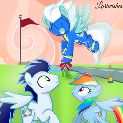 Size: 1100x1100 | Tagged: safe, artist:mlplary6, imported from derpibooru, fleetfoot, rainbow dash, soarin', pegasus, pony, ^^, blushing, clothes, eyes closed, female, fleetfoot the shipper, flying, male, mare, mistletoe, partially open wings, shipper on deck, shipping, smiling, soarindash, spread wings, stallion, straight, uniform, wings, wonderbolts headquarters, wonderbolts uniform