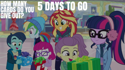 Size: 1920x1080 | Tagged: safe, edit, edited screencap, editor:quoterific, imported from derpibooru, screencap, little red, rainbow dash, sci-twi, sunset shimmer, twilight sparkle, human, equestria girls, equestria girls series, holidays unwrapped, spoiler:eqg series (season 2), 5, lily pad (g4), winter break-in